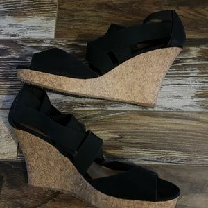 Black Stretch Strappy Cork Heels, 4”